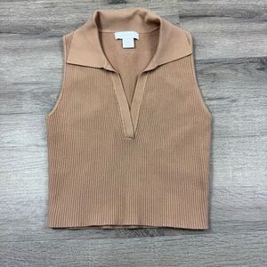 House of Harlow 1960 Ribbed Beige Crop Top Size Small Collared V-Neck Stretch
